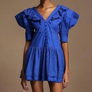 Fancy D Boutique Womens Eyelet Puff Sleeve Mini Dress Sz Large Blue V Neck